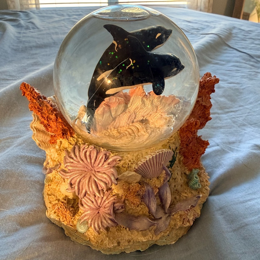La Mer Marine Sculpture with Black Orcas and Coral Accents